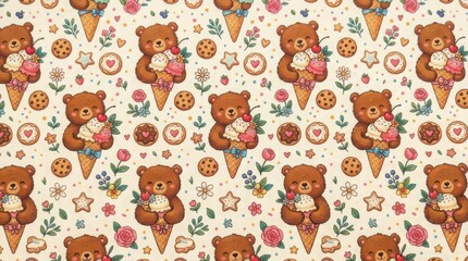 Fototapeta premium Colorful Cartoon Bears Pattern on Pastel Background with Ice Cream and Hearts