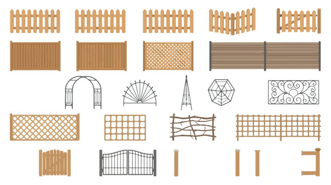 Wooden garden fence collection, timber picket fencing and metal gates set, rustic backyard enclosure elements for landscaping and exterior design