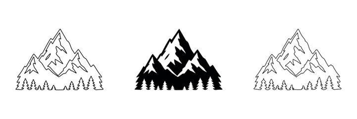 Obraz premium Stylized mountain range with pine trees in outline, solid, and hand-drawn icon styles