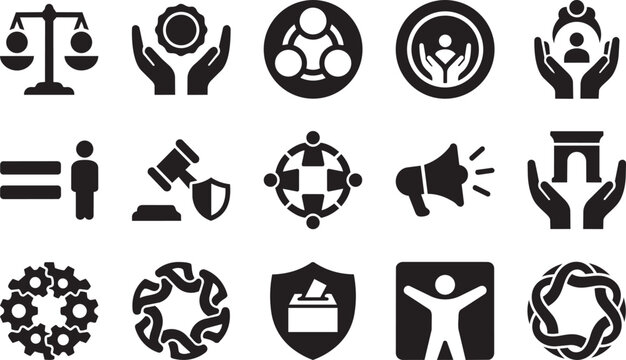 Black Glyph Civic Rights and Democratic Values Icon Set &mdash; Justice, Equality, Unity, Voting, Advocacy, Law and Collective Empowerment Silhouette Symbol Pack on White Background