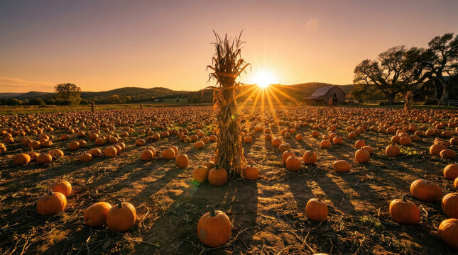 Pumpkin patch at sunset with a corn shock in the center and a farm in the background