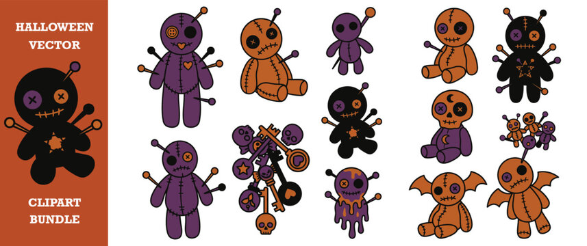Voodoo doll and magic keys collection for halloween party design in flat vector graphic.
