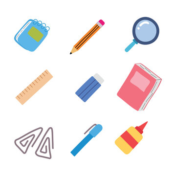 Vector illustration icon set of school and office stationery: notebook, pencil, ruler, pen and glue