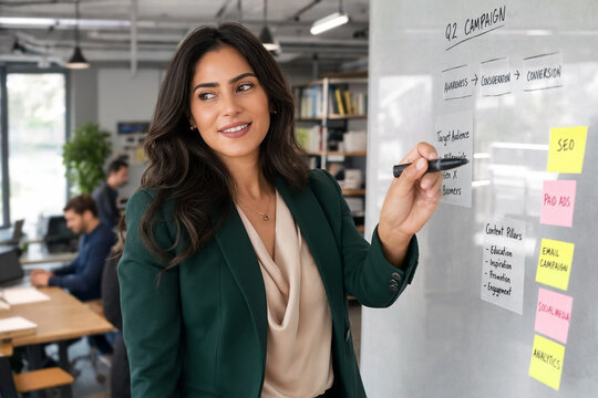 Positive female marketing strategist presents a campaign plan on a whiteboard using marker and sticky notes. Colleagues work in the background of the modern office, creating a collaborative atmosphere
