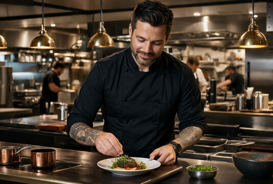 A smiling, tattooed chef in black uniform carefully garnishes a gourmet dish at the kitchen counter. Warm brass lamps hang above him while background kitchen staff work diligently