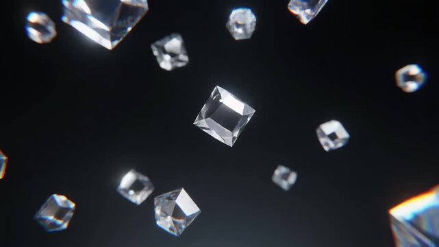 Geometric glass crystals floating in zero gravity against a dark background