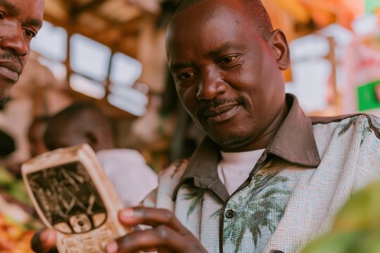 African man using a basic mobile handset for banking at an outdoor market for fintech storytelling, microfinance advertising and rural commerce
