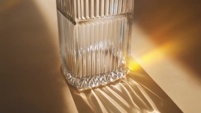 Sunbeams and golden light caustics refracting through rotating fluted glass