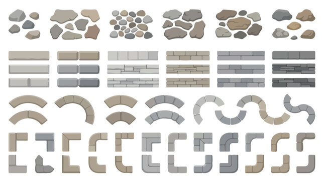 Stone paving vector set, garden path walkway tiles and cobblestone elements, grey granite masonry blocks for landscape design and architectural planning