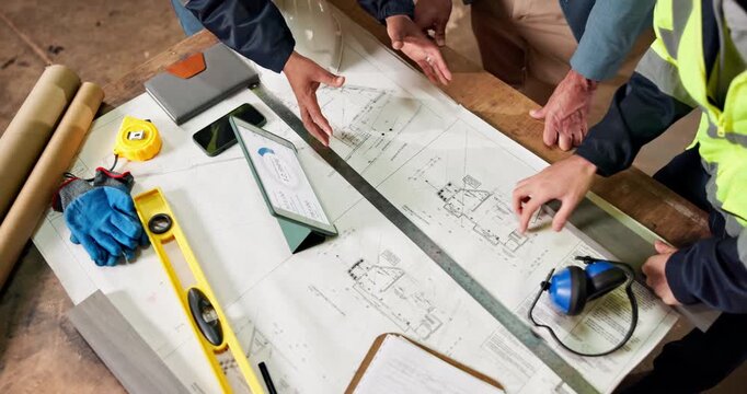 Architect, team or hands with tablet screen for construction planning or building strategy above. Top view, civil engineer or group with technology or blueprint for brainstorming architecture project