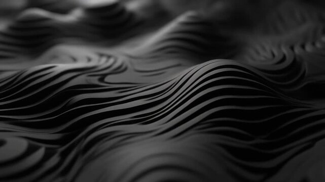 Matte black topographic waves moving slowly with subtle studio rim lighting