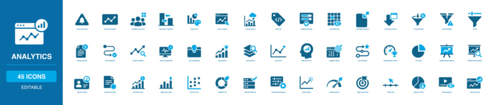 Analytics Solid Icon Set featuring alert screen, audience analytics, bar chart transfer, cursor metrics, data grid, finance report, revenue chart, scatter plot, trend line and trends