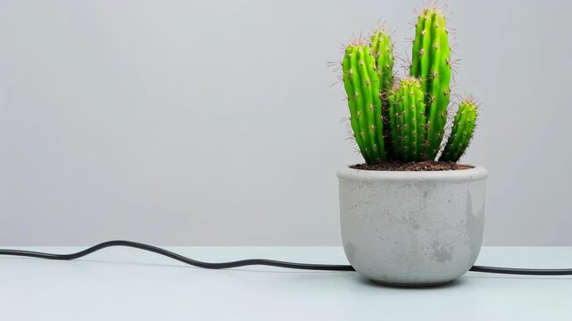 Green cactus plants in a textured gray pot with visible soil and a black power cord on a light surface, showcasing gradual growth and arrangement in three frames