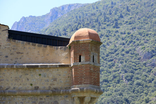 Corner tower of the medieval city wall of Villefranche-de-Conflent, France  