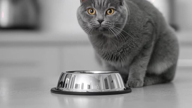 Gray domestic cat with yellow eyes leans forward, curiously inspecting a shiny metal food bowl on a kitchen countertop in a bright indoor setting