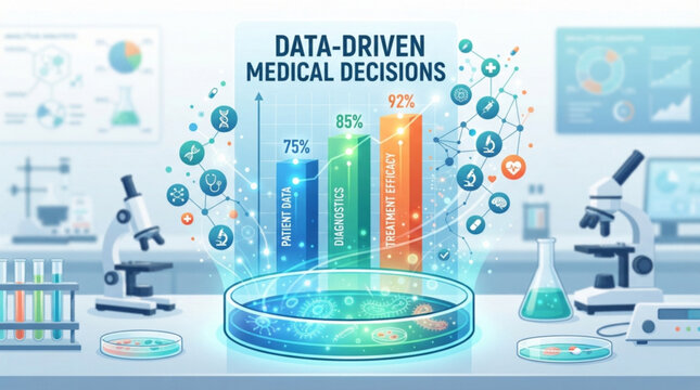Data driven medical decisions visualization with bar charts and laboratory equipment in a modern scientific research environment for healthcare analytics