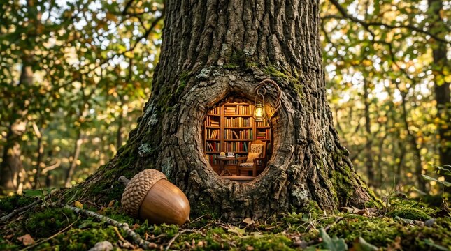 Cozy Miniature Library Inside a Tree Hollow, Whimsical Illustration
