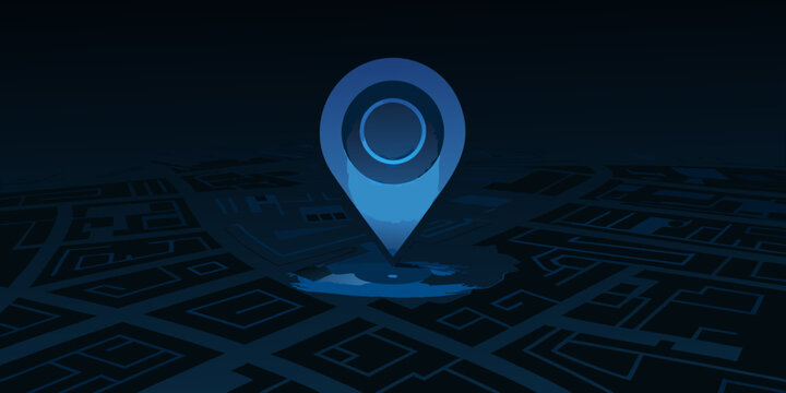 Glowing blue location pin over a dark city map vector illustration