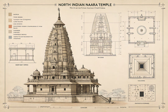 North Indian Nagara temple blueprint, shikhara tower, floor plans, architectural drafting style.