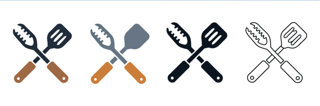 BBQ Tongs and Spatula Kitchen Utensils Icon Set for Outdoor Grilling Restaurant and Commercial Design