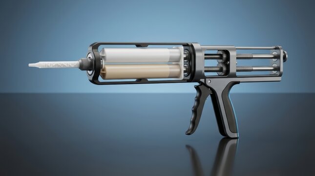 Dual cartridge gun 3D render twin chamber dispensing tool designed for material mixing application and bonding tasks