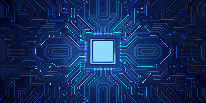 Circuit board pattern with central microchip vector illustration