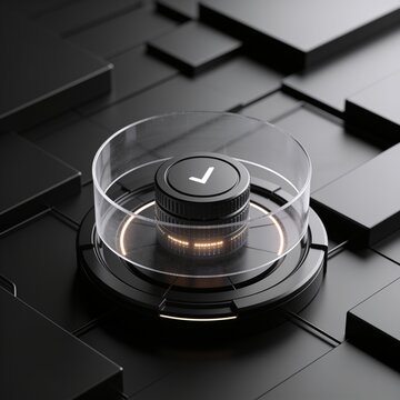 Verified compliance checkpoint with acrylic guard ring, glowing control node and dark modular corporate technology background
