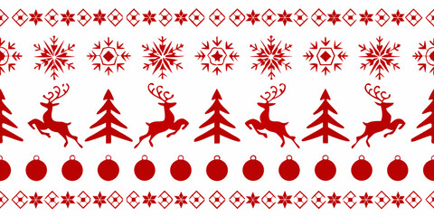 Red christmas ornament pattern with reindeer trees and snowflakes © Prince