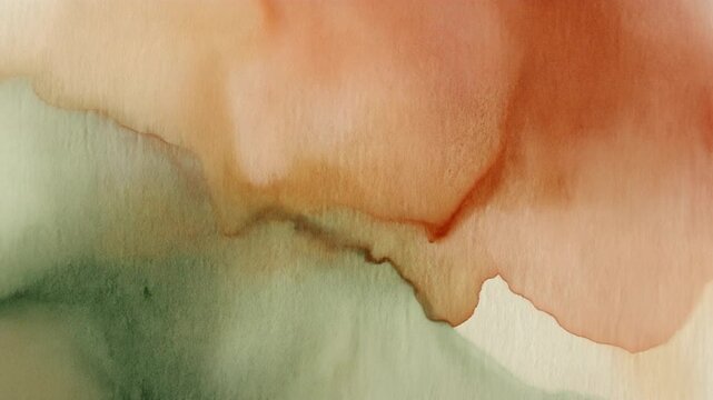 Terracotta and olive green watercolor ink bleeding slowly on textured paper