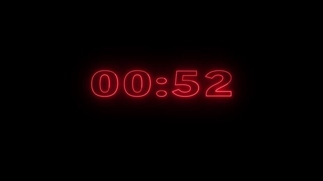 neon 1 Minute countdown animation 60 to 0 on black background. 1 minute timer on stopwatch on black background.