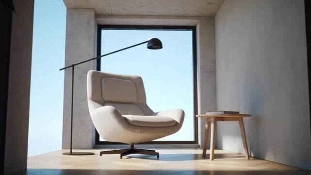 Modern living room interior with armchair and floor lamp.