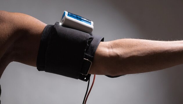A close-up of a wearable medical sensor strapped to a flexed arm with wires, useful for healthcare technology, rehabilitation, and fitness monitoring promotions.