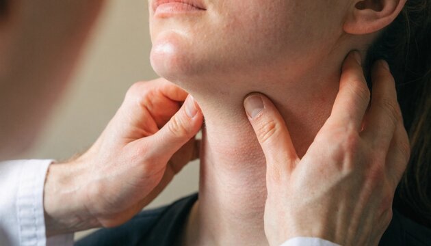 A clinician palpates a patient's neck during a thyroid or lymph node examination, useful for medical care, wellness screening, and healthcare education campaigns.