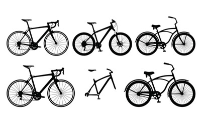 Obraz premium Black Bicycle Silhouette Collection with Road Mountain and Cruiser Bike Vector Set