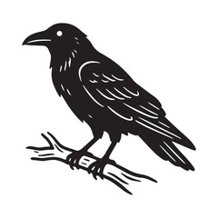 Fototapeta premium Black raven perched on a branch vector silhouette graphic with wildlife silhouette illustration