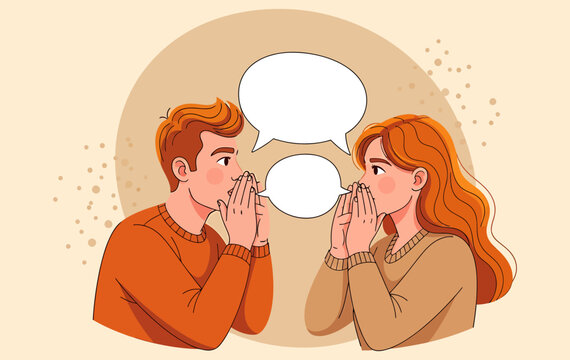 Man and woman whispering secrets and gossiping with blank speech bubbles.