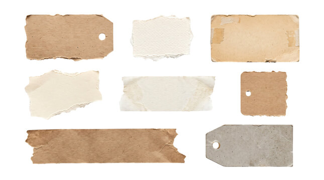 Hyper-realistic collection of blank ripped paper scraps, tape and cardboard tags on a white transparent background PNG