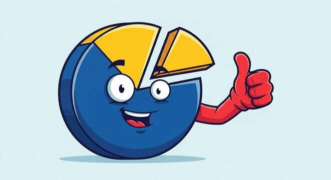 Blue yellow pie chart character giving thumbs up