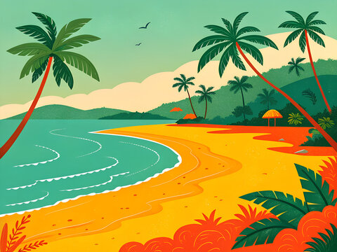 Goa tropical beach with golden sand, turquoise sea and swaying palm trees, clean flat vector illustration