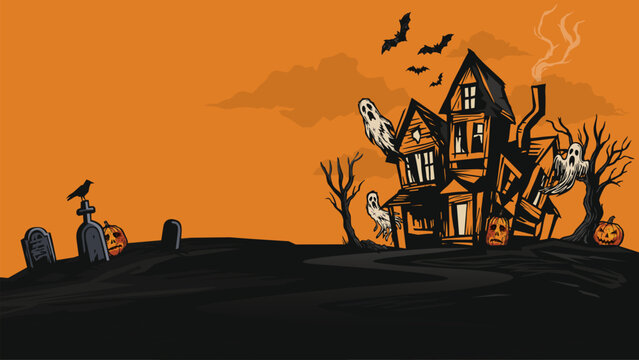 Halloween background with silhouette haunted mansion, dead tree, bats, pumpkins, ghosts, graveyard and sunset sky have blank space.