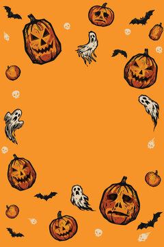 Halloween vertical poster with bats, pumpkins, ghosts and skulls on orange background have blank space.