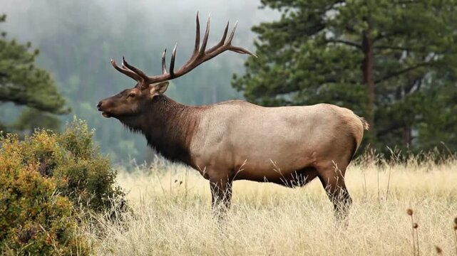 Large Bull Elk Bugling in a Misty Pine Forest Field