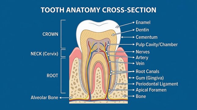 Detailed tooth anatomy cross-section diagram with labeled dental structures