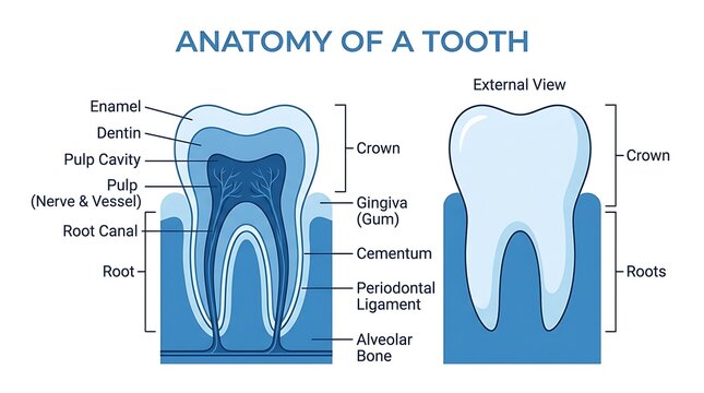 Dental anatomy chart showing human tooth structure and external view