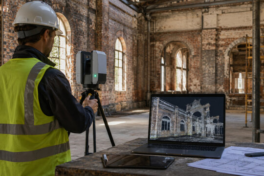 Engineer 3D Laser Scanner Tripod Derelict Industrial Brick Building Laptop Point Cloud Scan