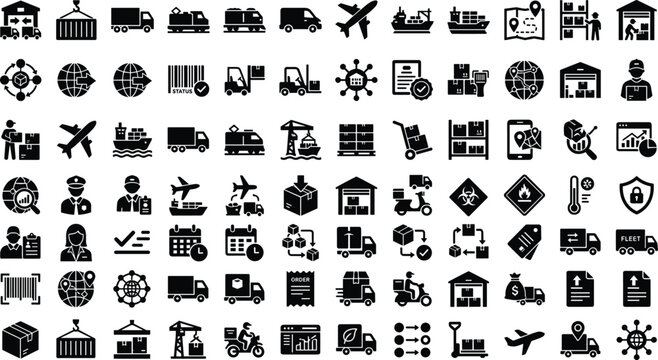 Large logistics and global transportation icon bundle with shipping cargo freight delivery warehouse storage distribution network and supply chain glyph style