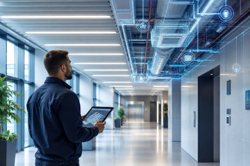 Fototapeta premium Building Manager Tablet Modern Office Corridor Exposed Ceiling Mep Blue Smart Building Data Icons