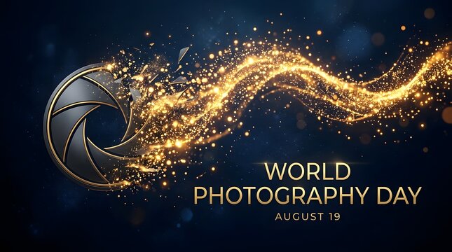 Golden world photography day concept with luxury camera lens shutter exploding into shiny sparkles.