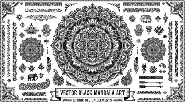 Indian traditional black mandala art and ethnic design elements set with hamsa hand paisley elephant lotus borders vector illustration isolated on white background