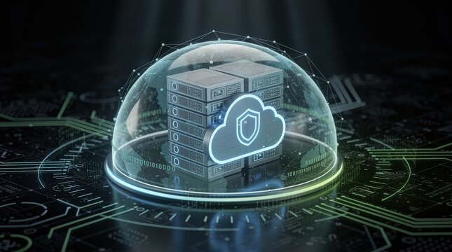 A digital server protected by a transparent security dome, symbolizing cloud data protection and cybersecurity on a circuit board background.